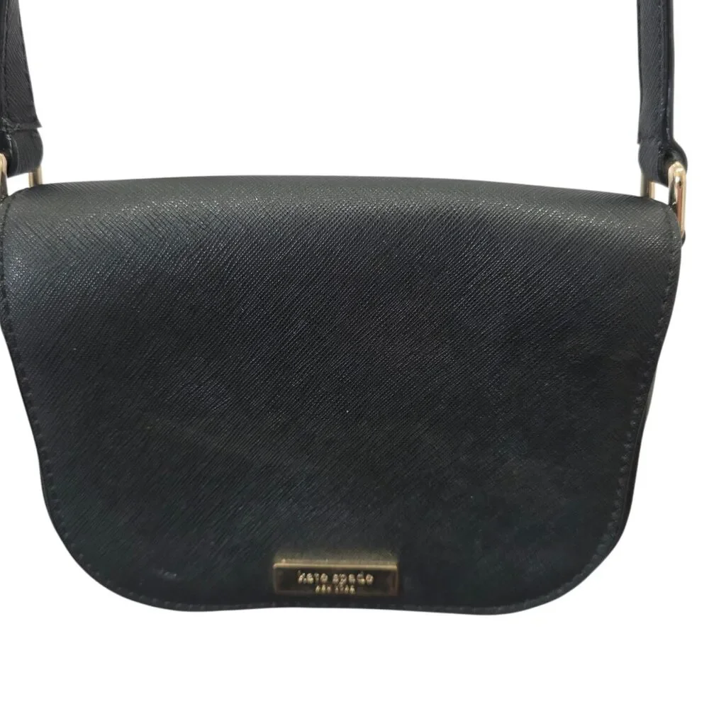 Kate Spade New York Black Crossbody Bag Saffiano Leather Flap Purse Gold